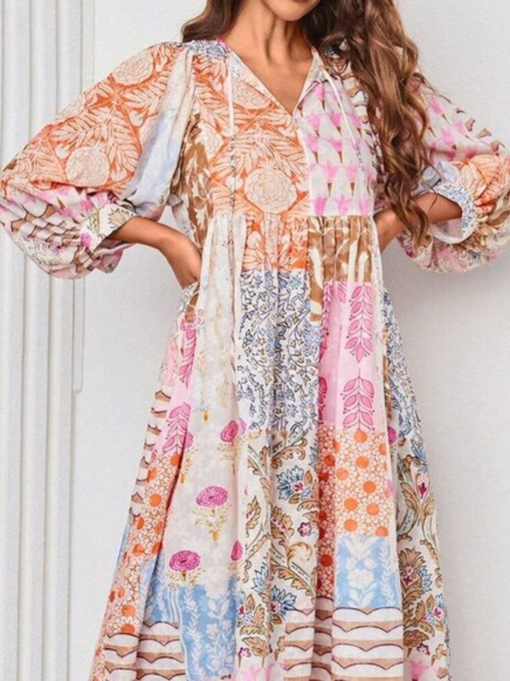 Multicolor Bohemian  Women's Lantern Sleeve V Neck Tie Pockets Maxi Dress